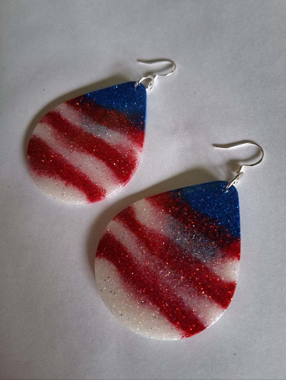 Hand Crafted Red, White & Blue Glitter Teardrop Earrings - Picture 2 of 3